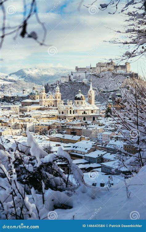 Panorama of Salzburg in Winter: Snowy Historical Center, Sunshine Stock ...