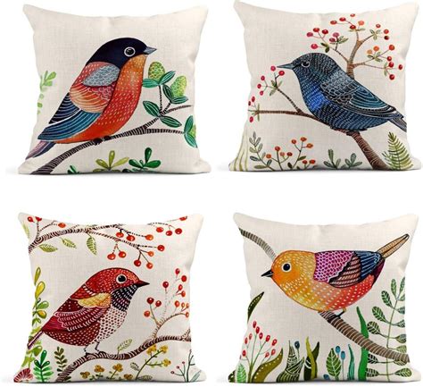 Emvency - Set Of 4 Linen Throw Pillow Covers 18x18 Inches Home Decorative Cushion Colorful ...