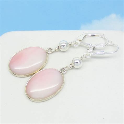 Natural Pink Opal Earrings Leverback Dangle 925 Sterling Silver Oval ...