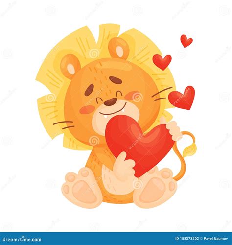 Cartoon Lion Cub in Love Sitting. Vector Illustration on a White Background. Stock Vector ...