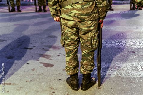 Thessaloniki, Greece Greek Army soldier in combat uniform, holding a ...