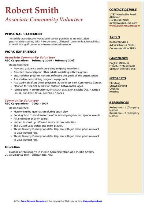 Community Volunteer Resume Samples | QwikResume