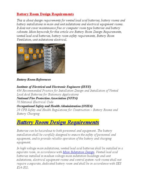 Battery Room Design Aspects | PDF | Electrical Substation | Occupational Safety And Health ...