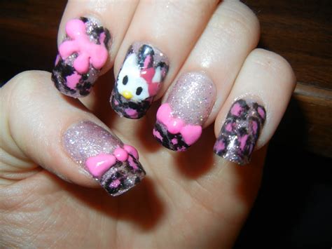 Nails By Leah: New Hello Kitty Nails! 3D bows and hello kitty face over pink glittery leopard