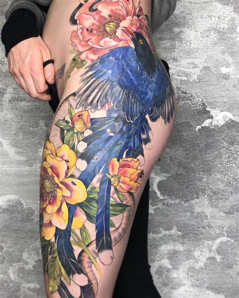 Blue Bird, Snake & Flowers Thigh Piece