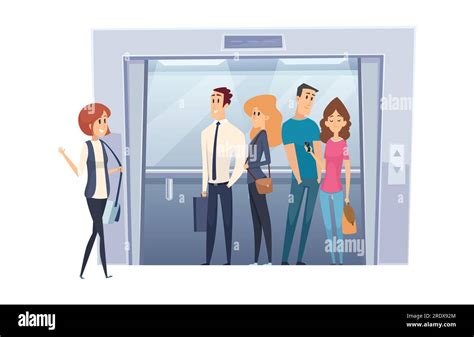 Business elevator. male and female characters standing in business center. vector cartoon people ...