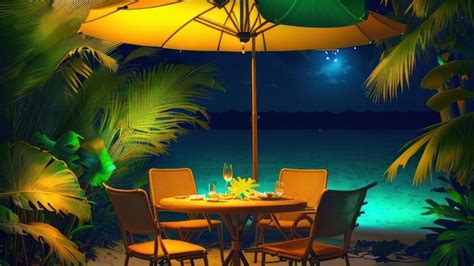 Premium AI Image | A table with a yellow umbrella and a green umbrella ...