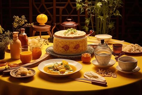 Premium AI Image | chinese food on a yellow table in the style of ...