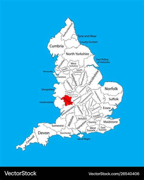 Map worcestershire in west midlands uk Royalty Free Vector