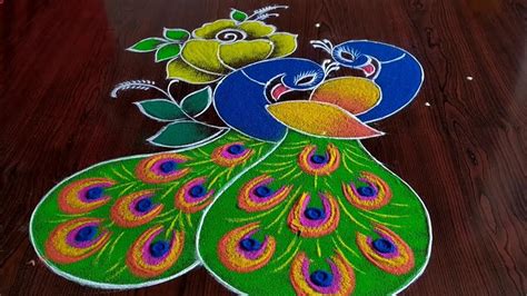 2021 New year special rangoli 7×1 dots... Beautiful peacock kolam - YouTube