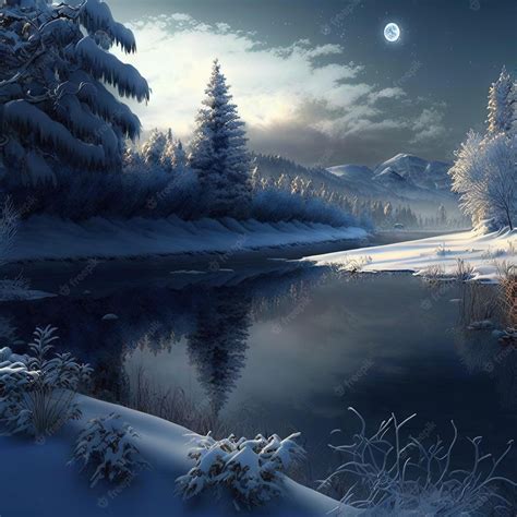 Premium Photo | A snowy landscape with a lake and the moon in the ...