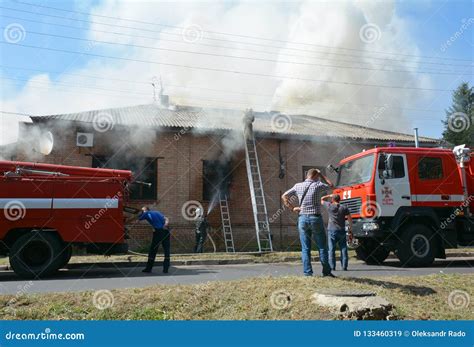 Burning House. Red Firetrucks, Fire Damage House and Firefighters Editorial Stock Image - Image ...