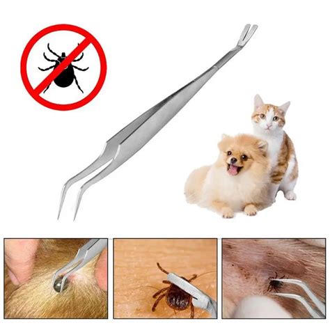 2 in 1 Stainless Steel Tick Tweezers Professional Quick Tick Removal Dog Cat Flea Remover Tool ...