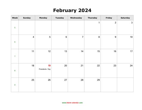 Download February 2024 Blank Calendar with US Holidays (horizontal)