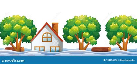 Flooded House with River and Trees Stock Vector - Illustration of ...