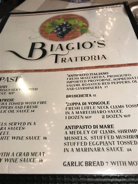 Menu at Biagio’s trattoria restaurant, Lacey Township