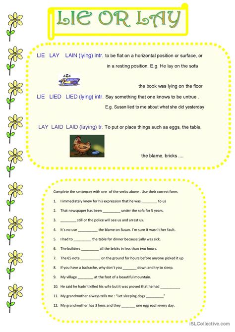 lie or lay: English ESL worksheets pdf & doc