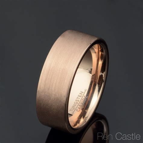 Flat Rose Gold Ring Plated Wedding Band 8mm Width Brushed Tungsten Ring Mens Wedding Band Free ...