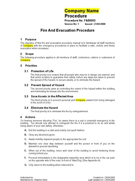 F&E0003 - Fire & Evacuation Plan | Emergency Evacuation | Fires