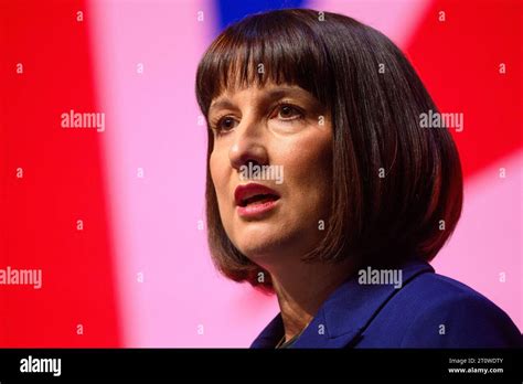 London, UK. 9 October 2023. Shadow Chancellor Rachel Reeves speaking ...