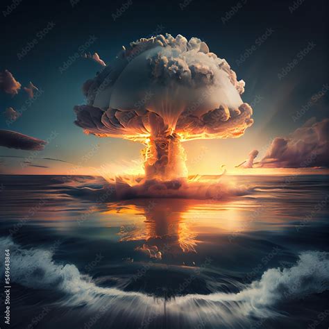 Nuclear explosion in the sea. Atom bomb explosion and mushroom cloud ...