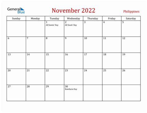 November 2022 Philippines Monthly Calendar with Holidays