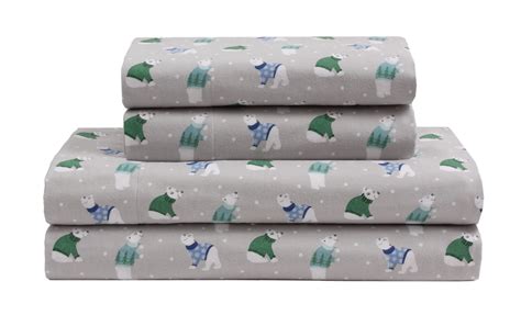 Elite Home Products, Winter Nights Cotton Flannel Sheet Set, Holiday Bears- Light Grey, Twin ...