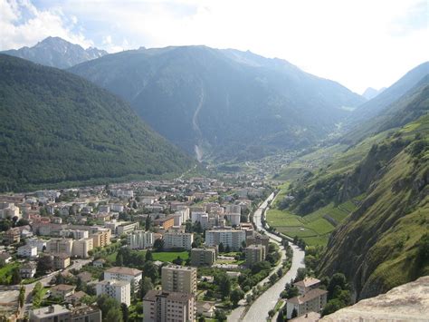 Martigny in the Rhone Valley --- View of Martigny [ Valais, Switzerland ] and the Dranse river ...