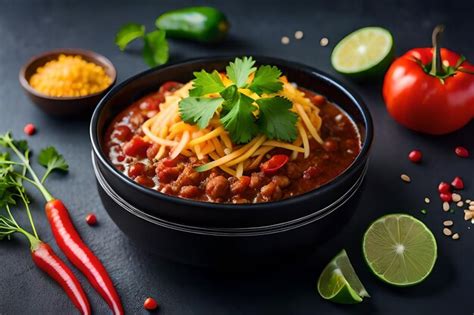 Premium AI Image | a bowl of chili with chili and vegetables on a black ...