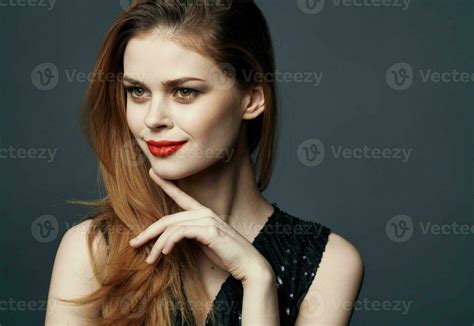 Portrait of beautiful woman with red lips makeup model gray background ...