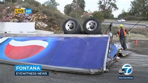 Driver extricated after Pepsi truck crashes on 15 Freeway in Fontana - ABC7 Los Angeles