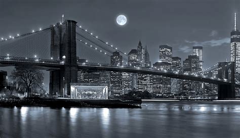 Download Bridge Skyscraper Building Black & White Night Moon New York ...