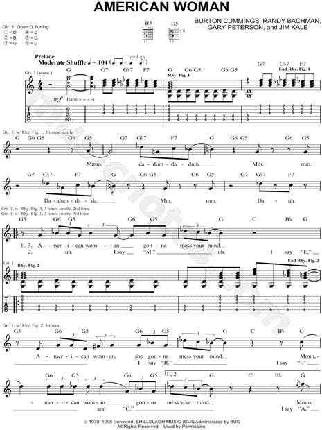 The Guess Who "American Woman" Guitar Tab in C Major - Download & Print - SKU: MN0051425