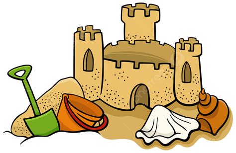 Cartoon Illustration Of Sand Castle On The Beach With Toys And Shells ...