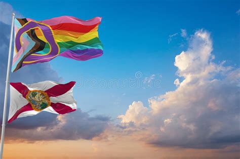 Large Inclusive Progressive Lgbt Pride Flag and Flag of Florida State, USA Waving at Sky ...