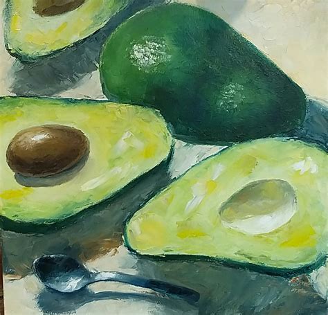 Avocado with silver spoon Painting by Anna Stratovich