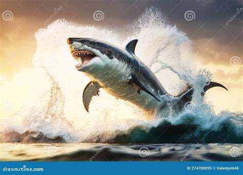 Great White Shark Jumping Out of the Water with Its Mouth Wide Open ...