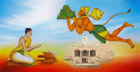 Tulsidas offers his Hanuman Chalisa poem to Lord Hanuman, seen flying with the Dronagiri ...