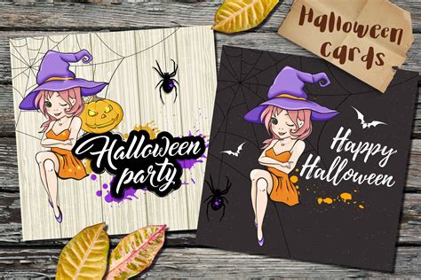 Halloween Cards with Little Witch | Decorative Illustrations ~ Creative Market