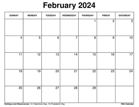 Wiki Calendar February 2024 With Holidays Printable Pdf - February March 2024 Calendar