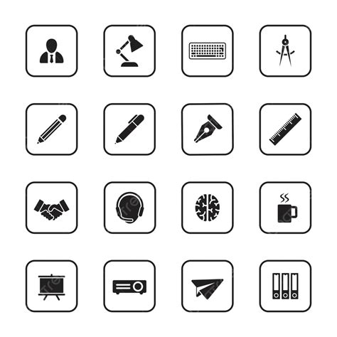 Icon Set For Business And Office With A Sleek Black Flat Design And Rounded Rectangle Border ...