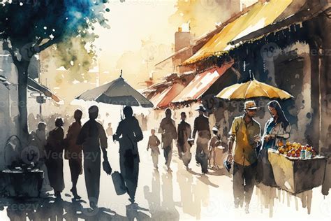 Watercolor painting of people walking to the street market for shopping. 22033088 Stock Photo at ...