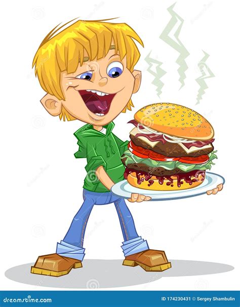 Cartoon boy eating burger stock vector. Illustration of isolated - 174230431