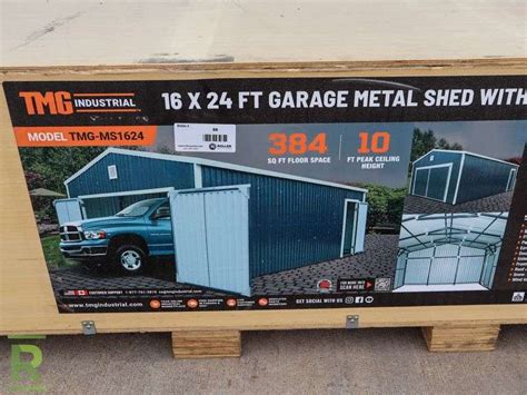 New TMG Industrial TMG-MS1624 Metal Garage Shed With Double Front Doors, 16' x 24' - Roller Auctions