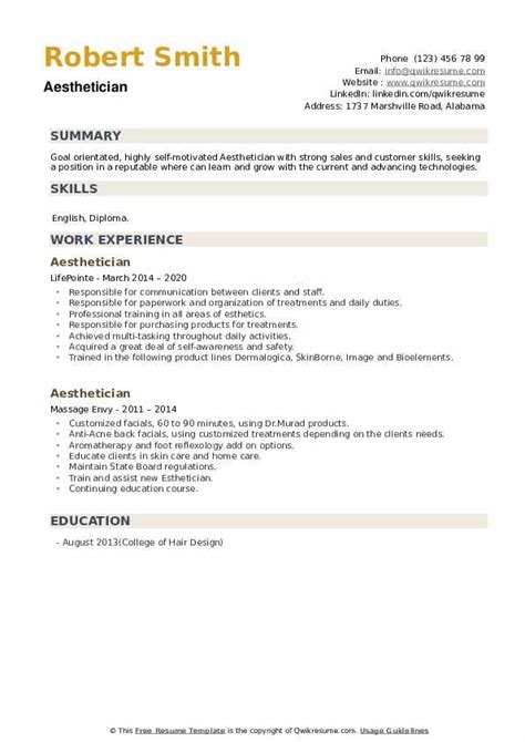 Aesthetician Resume Samples | QwikResume