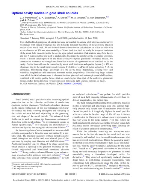 (PDF) Optical cavity modes in gold shell colloids | Alexander Moroz - Academia.edu