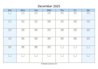 Download Editable Calendar December 2025, weeks start on Sunday