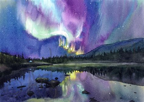 Aurora Night Sky ORIGINAL Watercolor NORTHERN LIGHTS Painting - Etsy