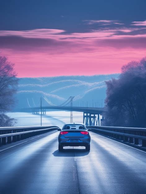 Premium AI Image | a car driving on a highway at sunset