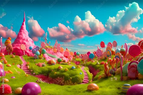 Candy town with small house in the center, lollipop trees, . Sweets background. Child Birthday ...